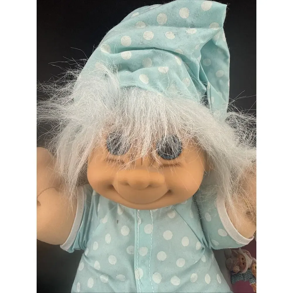 Vtg Russ Troll Kidz Spanky Doll Blue White Polka Dot Pajamas Nightcap Plush 12